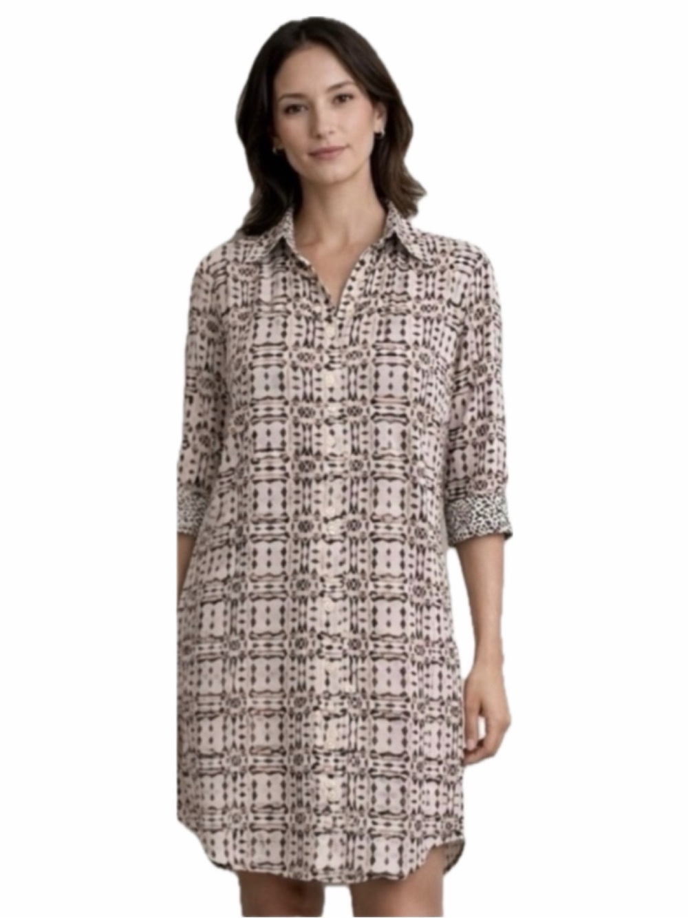 CAbi Aztec Button-Up Tunic Dress in Beige and Black